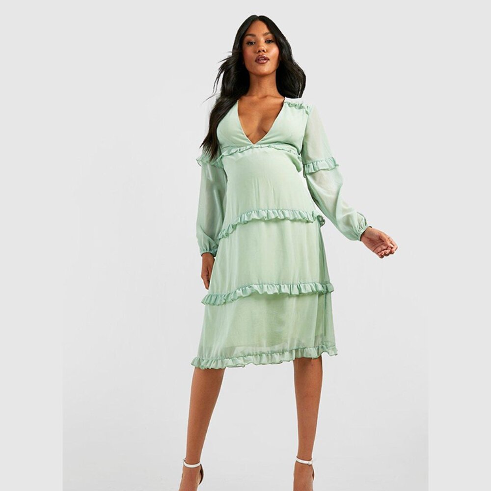 boohoo Maternity Occasion Tie Back Frill Midi Dress